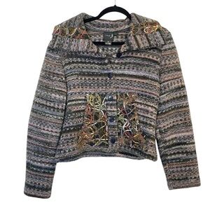 TLB DESIGN Canada Purple Hues Wool Bland Knit Embroidered Collar Cardigan Size M